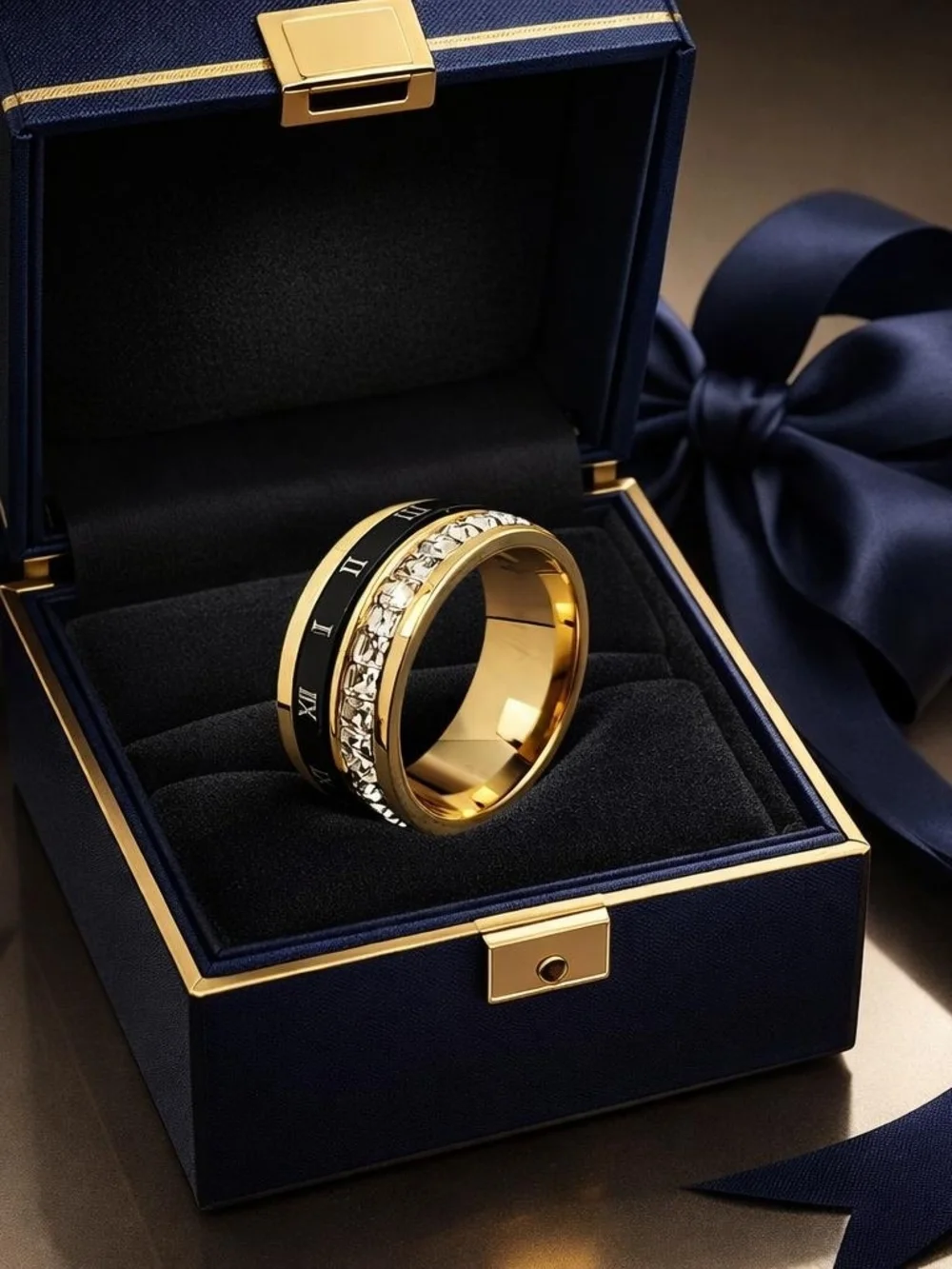 Gold and Black Stackable Ring Set with Clear Stones